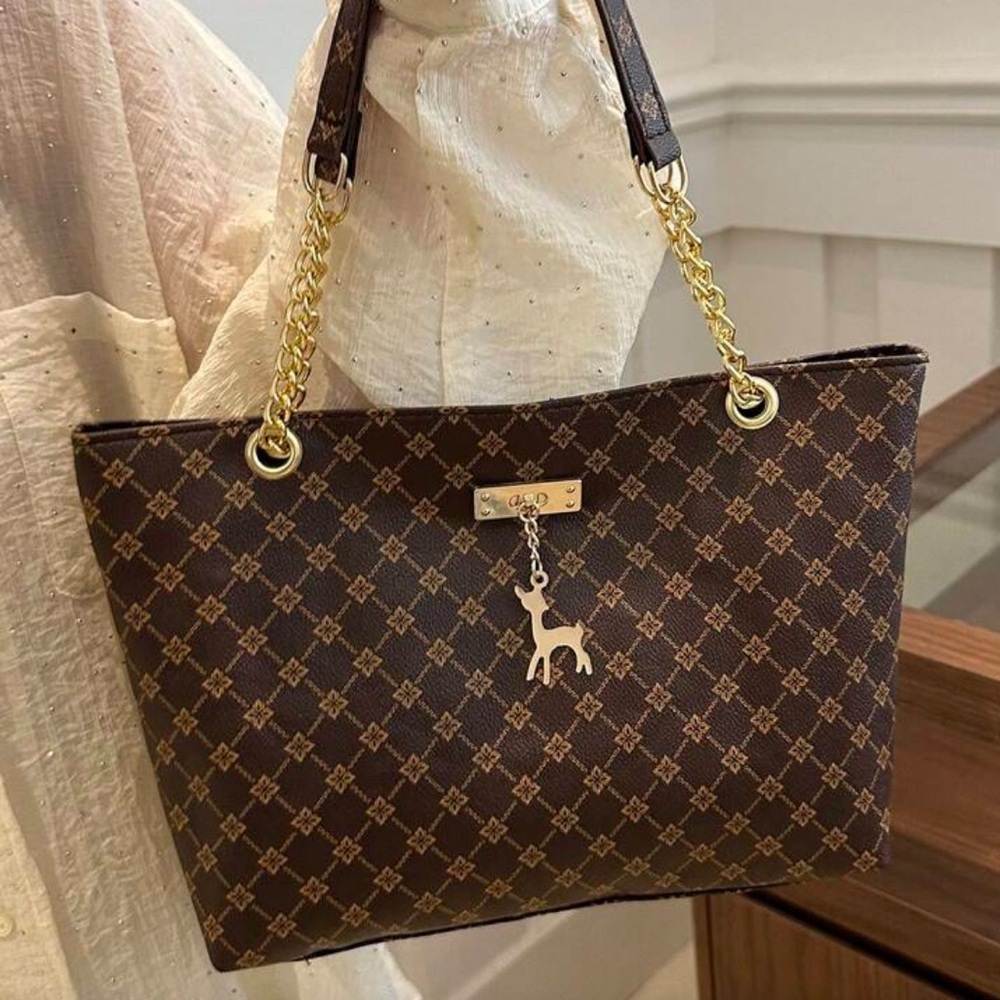 ⚠️Clearance Patterned Chain Shoulder Tote Bag Elegant Brown Gold Accent - Picture 1 of 9